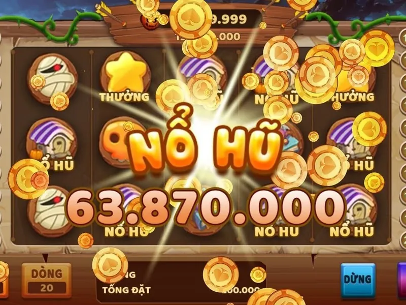 Màn hình máy đánh bạc (Slot Machine) với các biểu tượng rực rỡ và thông báo 'Thắng Lớn', minh họa trò chơi điện tử hấp dẫn